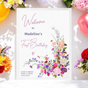 Modern wildflowers script 1st birthday welcome poster