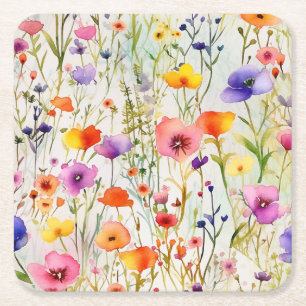 Modern wildflowers watercolor pattern square paper coaster
