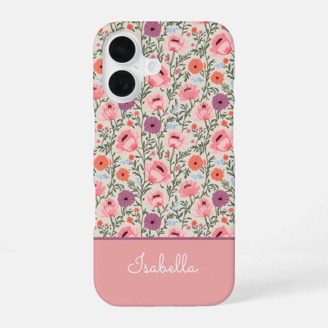 Modern Wildflowers with Name iPhone 16 Case (Back)