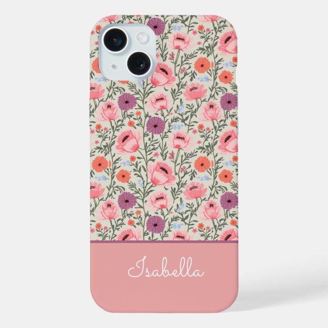 Modern Wildflowers with Name iPhone Case (Back)