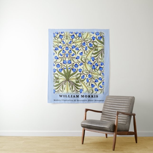 Modern William Morris Blue Floral Leaves  Tapestry (In Situ)