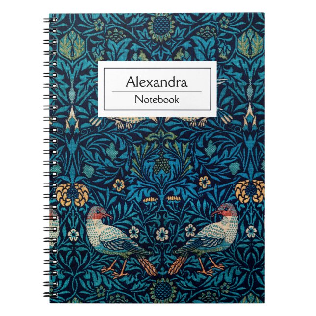 Modern William Morris Monogram Birds Notebook (Front)