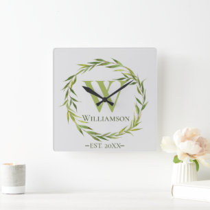 Modern Willow Leaves Monogrammed Square Wall Clock