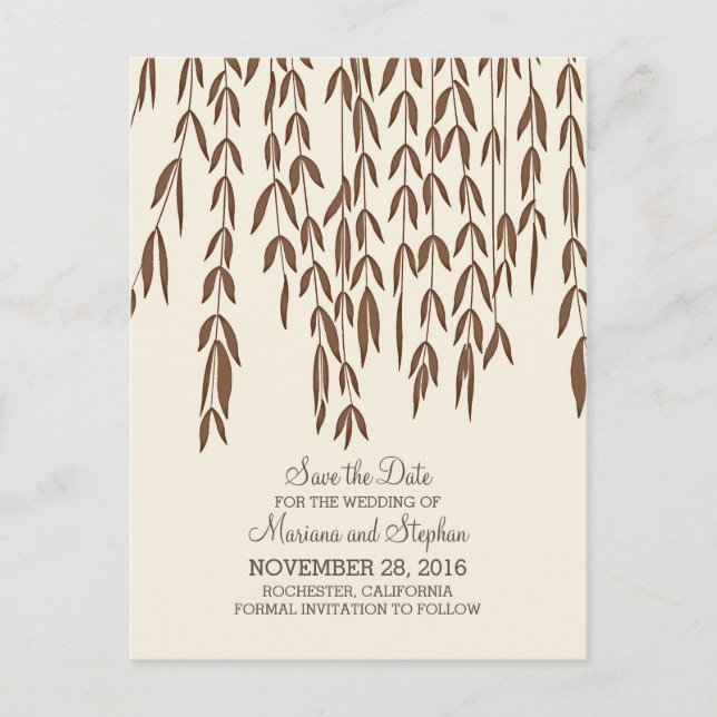 modern willow tree branches elegant save the date announcement postcard (Front)