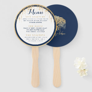 Modern Willow Tree Navy Blue Gold Wedding Menu Hand Fan