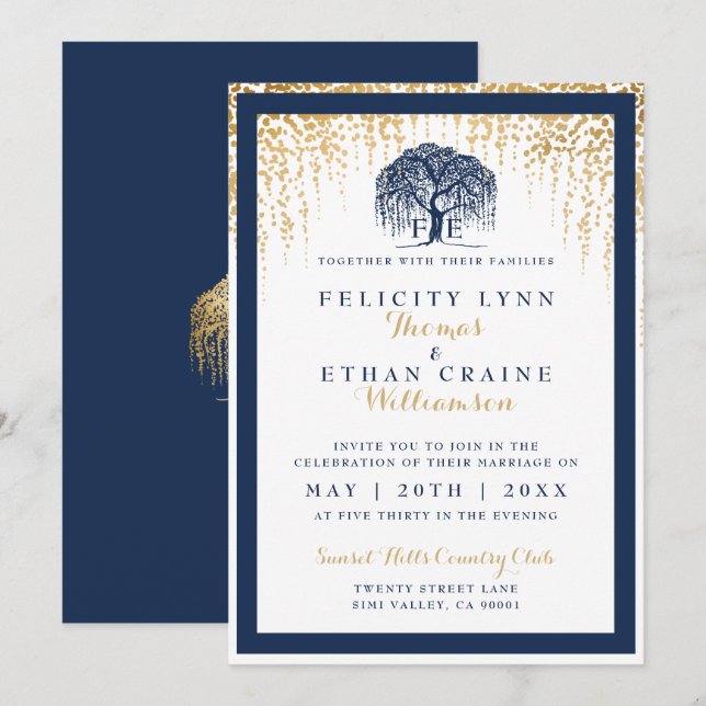 Modern Willow Tree Navy Gold Wedding Invitation (Front/Back)