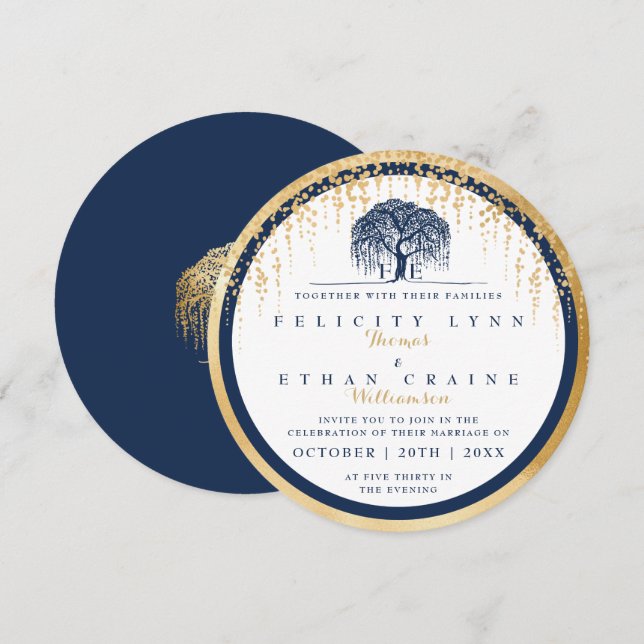 Modern Willow Tree Navy Gold Wedding Invitation (Front/Back)