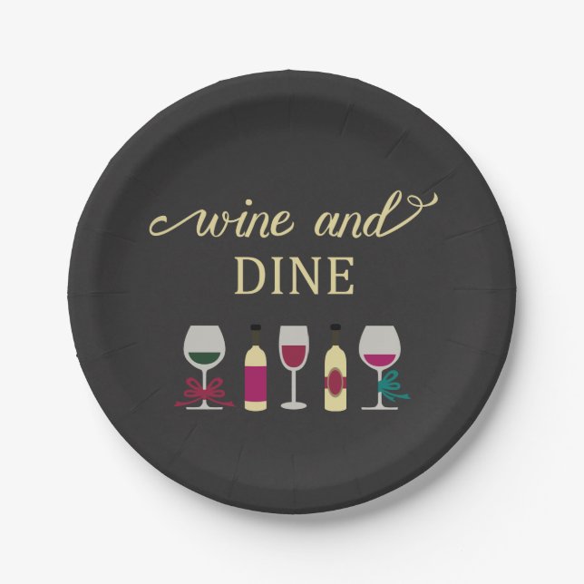 Modern Wine and Dinner Party Black with Gold Text Paper Plate (Front)