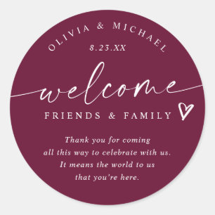 Modern Wine Burgundy Wedding Welcome Hotel Bag Classic Round Sticker