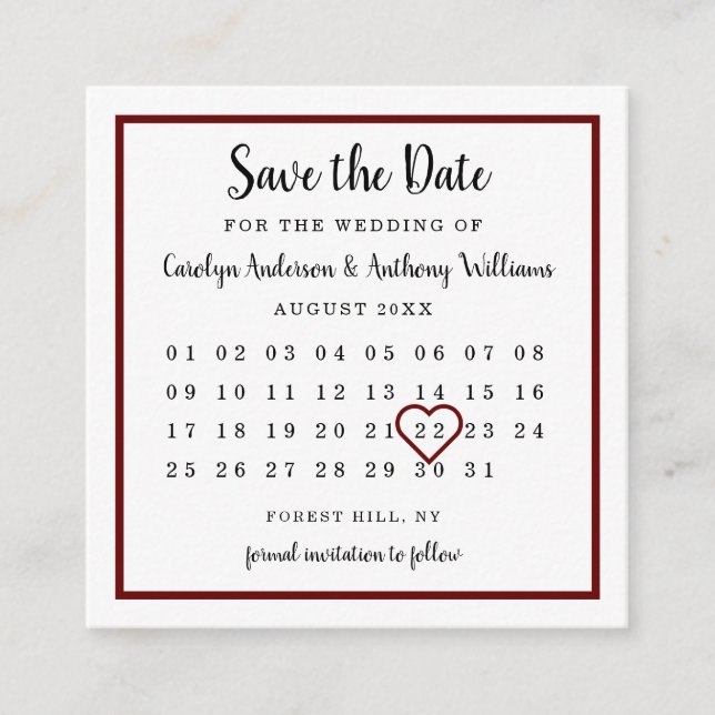 Modern Wine Red Calendar Save The Date Enclosure Card (Front)