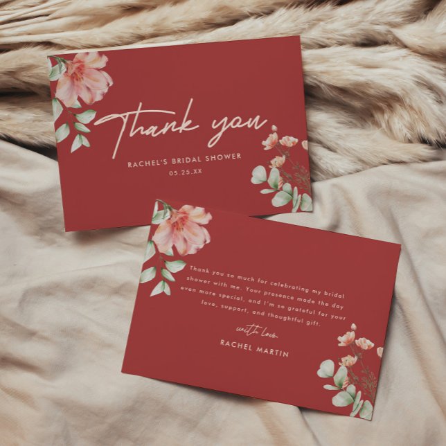 Modern Wine Red Floral Script Bridal Shower Thank You Card (Creator Uploaded)