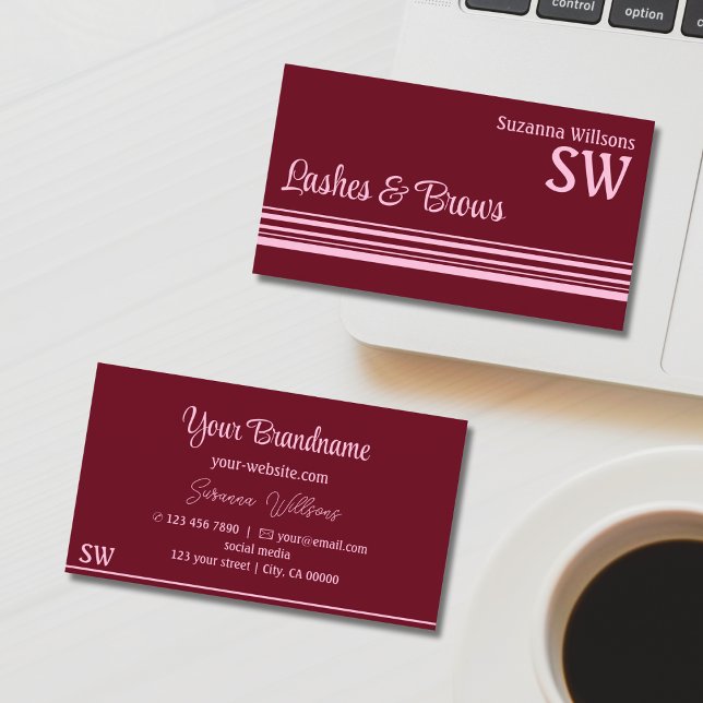 Modern Wine Red Pink Stripes with Monogram Stylish Business Card (Creator Uploaded)