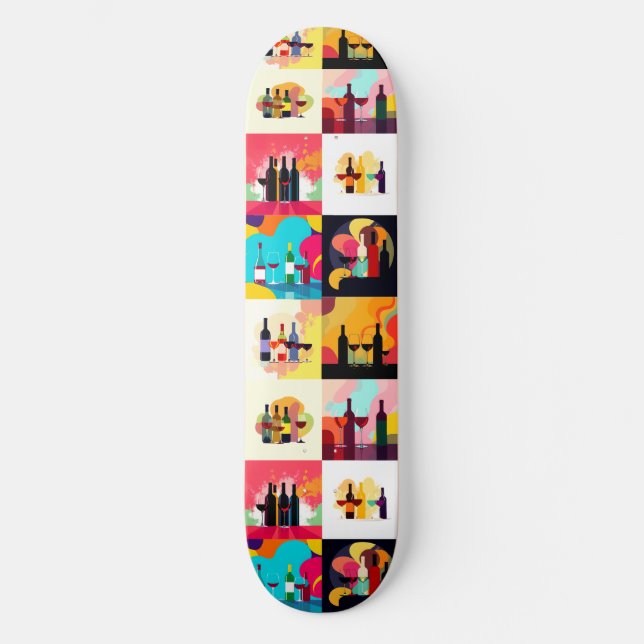 Modern Wine Set Silhouette Collage – Bold Colorful Skateboard (Front)