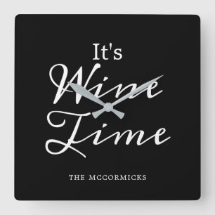 Modern Wine Time Black Personalised  Square Wall Clock
