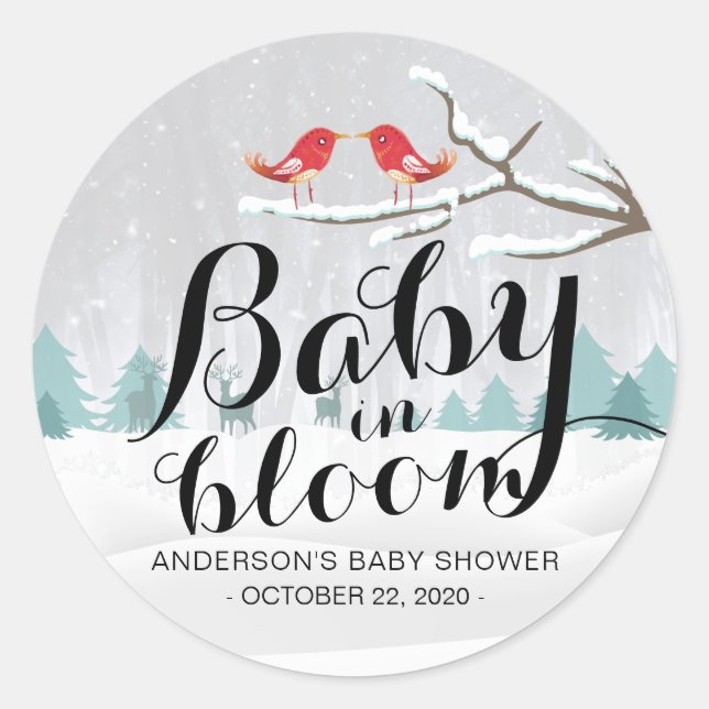 Modern Winter Baby Shower Baby in Bloom Snow Scene Classic Round Sticker (Front)