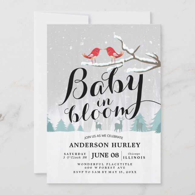Modern Winter Baby Shower Baby in Bloom Snow Scene Invitation (Front)