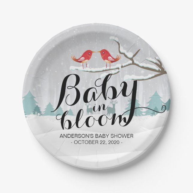 Modern Winter Baby Shower Baby in Bloom Snow Scene Paper Plate (Front)