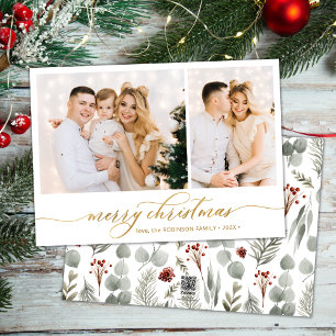 Modern Winter Botanical 2 Photo Collage Christmas Holiday Card