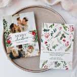 Modern Winter Botanical 3 Photo Merry Christmas Holiday Card<br><div class="desc">This collection features watercolor red florals,  berries & winter greenery with modern & elegant typography,  with a winter botanical pattern back.</div>