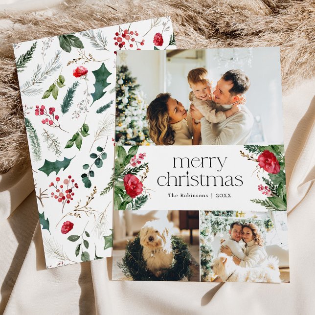Modern Winter Botanical Merry Christmas 3 Photo Holiday Card (Creator Uploaded)