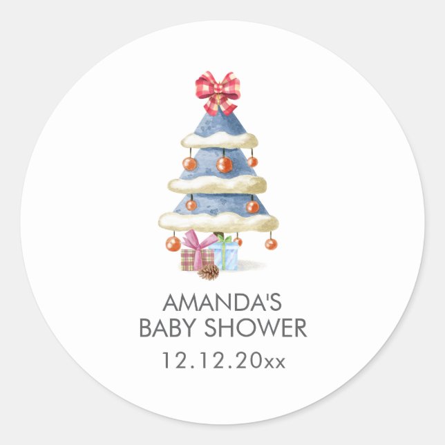 Modern Winter Bow Christmas Tree Baby Shower  Classic Round Sticker (Front)