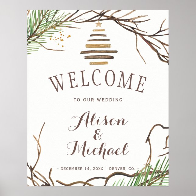 Modern winter branches wreath wedding welcome sign (Front)
