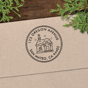 Modern Winter Cabin Holiday Round Return Address Self-inking Stamp