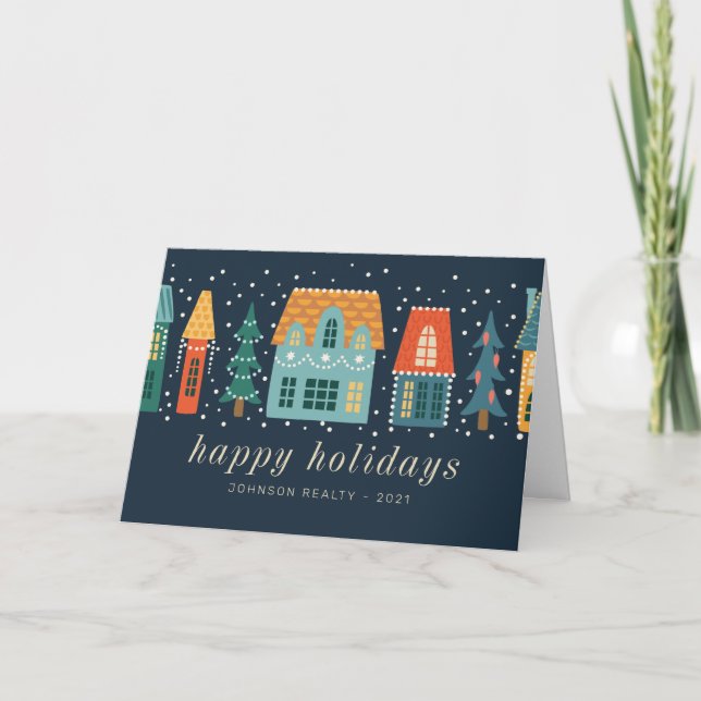 Modern Winter Christmas Town Business Holiday Card (Front)