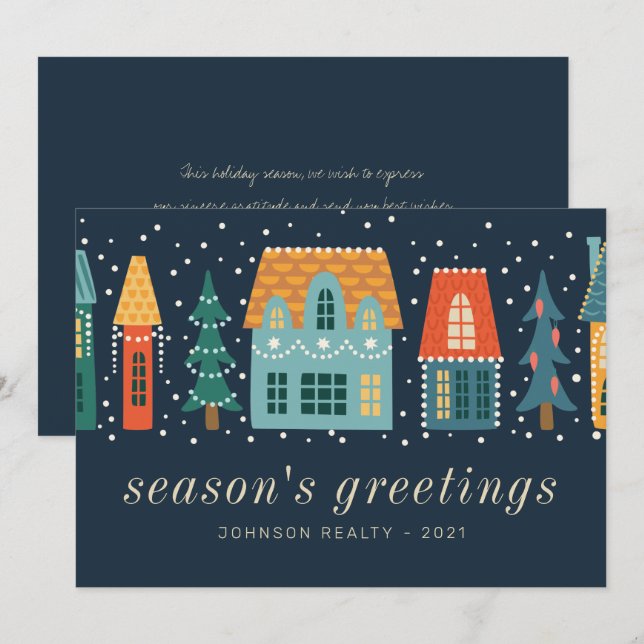 Modern Winter Christmas Town Business Holiday Card (Front/Back)