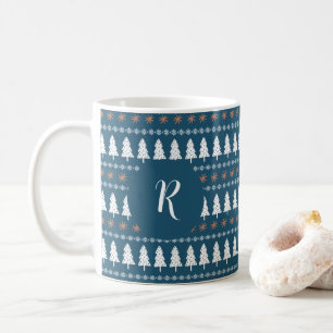 Modern Winter Christmas Tree Pattern Monogram Blue Coffee Mug