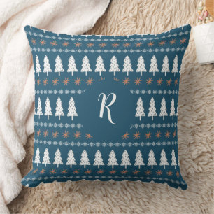 Modern Winter Christmas Tree Pattern Monogram Blue Cushion