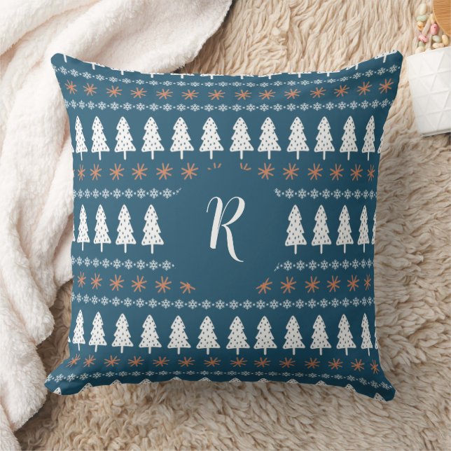Modern Winter Christmas Tree Pattern Monogram Blue Cushion (Blanket)