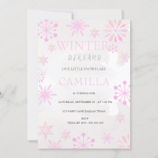 Modern Winter Derland Pink Girl 1st Birthday  Invitation