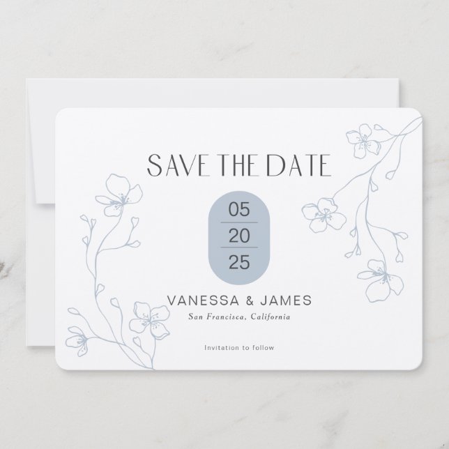 Modern winter dusty blue floral garden wedding save the date (Front)