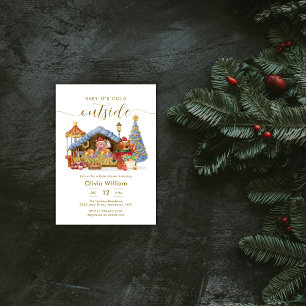 Modern Winter Farmer Market Teddy Bear Baby Shower Invitation