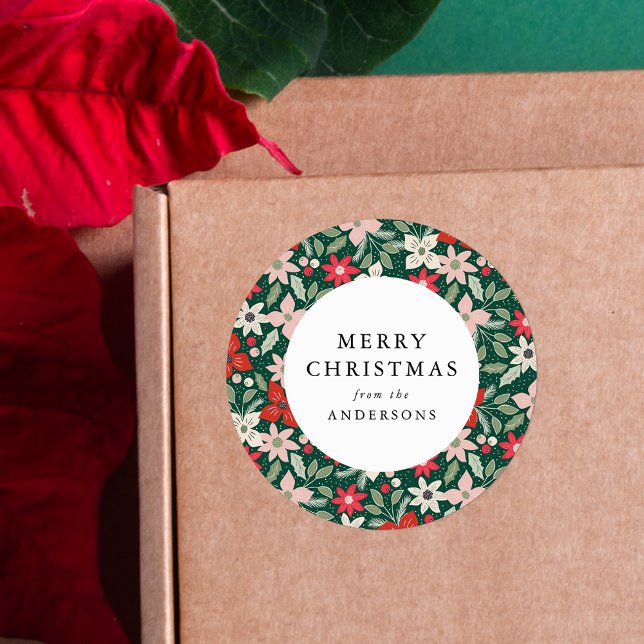 Modern Winter Floral Green Merry Christmas Classic Round Sticker (Creator Uploaded)