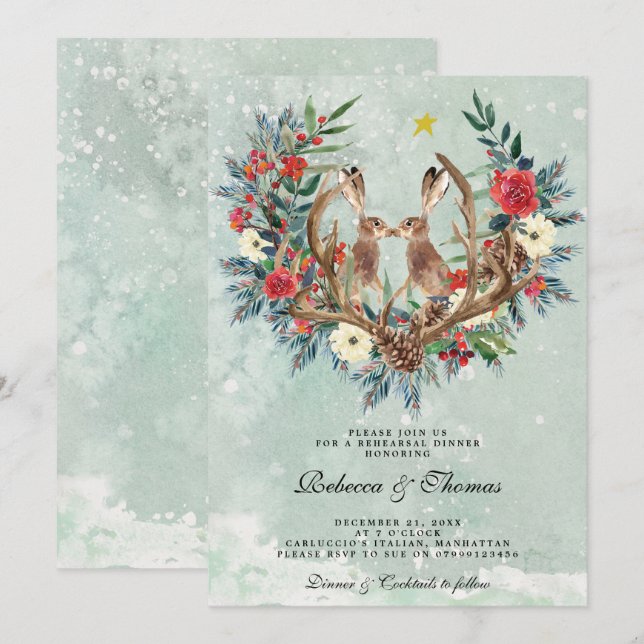 modern winter floral hares rehearshal dinner invitation (Front/Back)