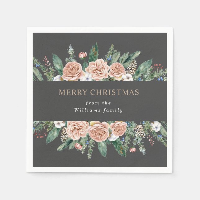 modern winter floral merry christmas paper napkins (Front)
