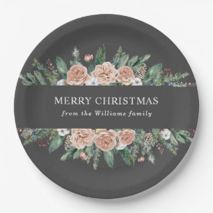 modern winter floral merry christmas paper plate