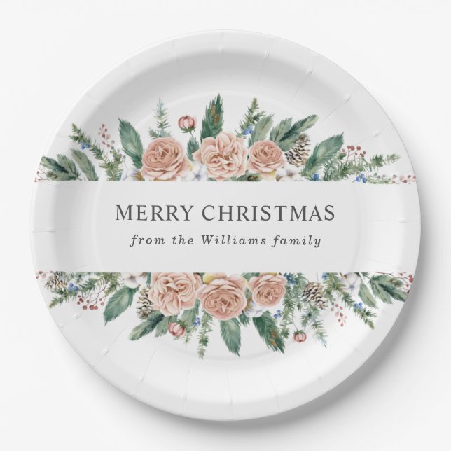 modern winter floral merry christmas paper plates (Front)
