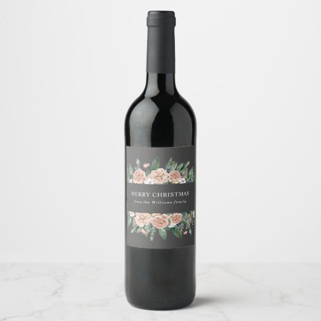 modern winter floral merry christmas wine label (Front)