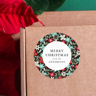 Modern Winter Floral Pattern Merry Christmas Classic Round Sticker