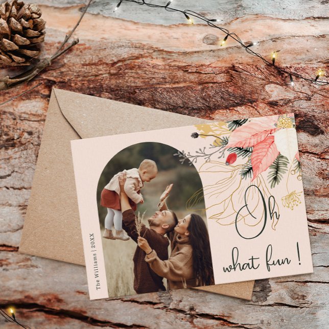 Modern Winter Floral Pink Oh What fun One Photo Holiday Card (Creator Uploaded)