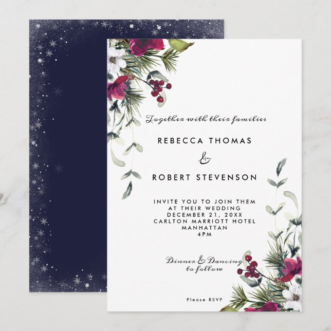 modern winter florals holiday christmas wedding invitation (Front/Back)