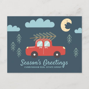 Modern Winter Forest Red Car   Season's Greetings Holiday Postcard