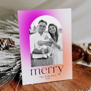 Modern Winter Gradient Magenta and Orange 2 Photo Holiday Card