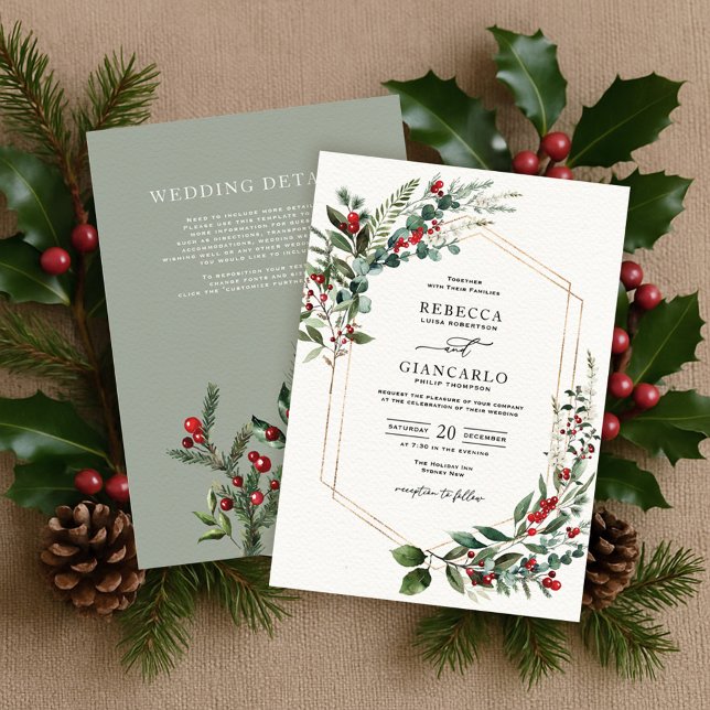 Modern Winter Greenery Christmas Berries Wedding Invitation (Creator Uploaded)