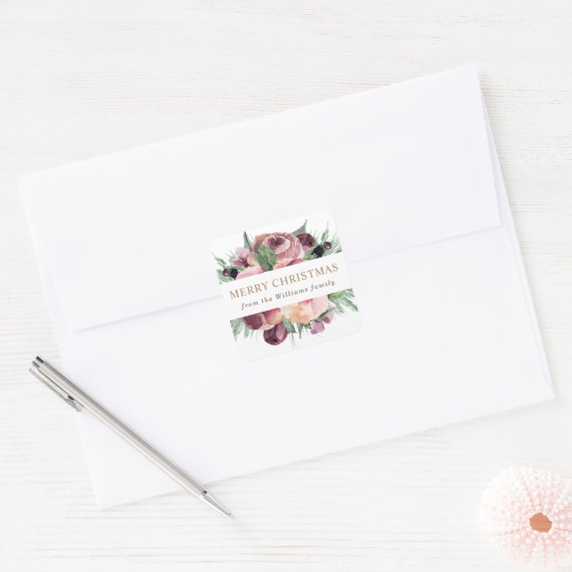 Modern Winter Greenery Merry Christmas Square Sticker (Envelope)