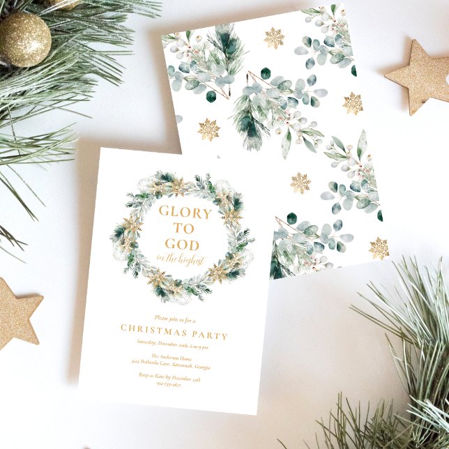 Modern Winter Greenery Religious Christmas Party Invitation (Elegant, Glory to God Bible verse religious Christmas party invitation for Christians)