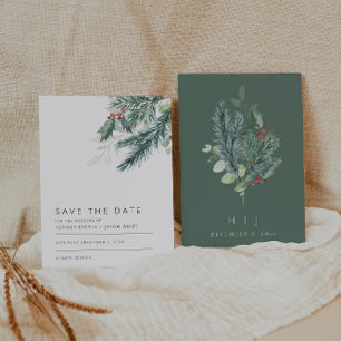 Modern Winter Greenery Save The Date Invitation